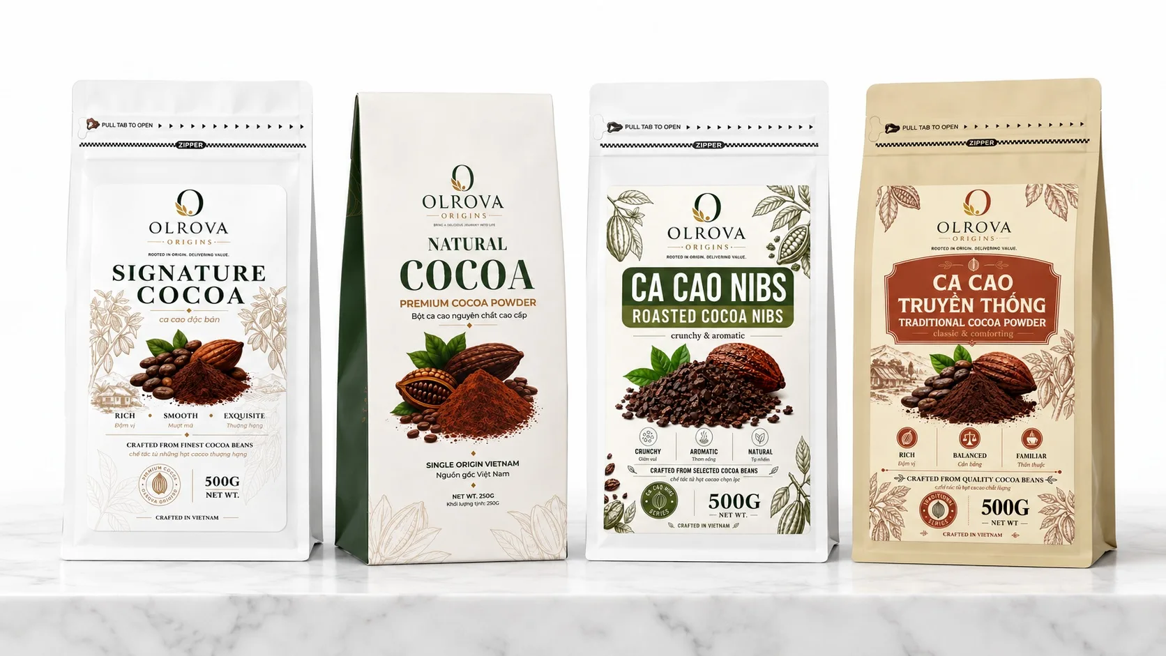 Bốn dòng bột cacao OLROVA: Signature, Truyền thống, Natural và Nibs trên bàn đá cẩm thạch