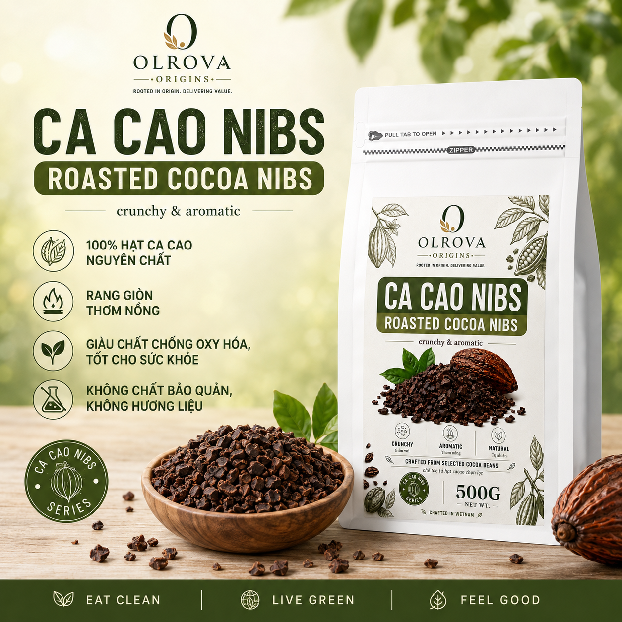 Hạt cacao rang giòn nguyên chất Cacao Nibs OLROVA