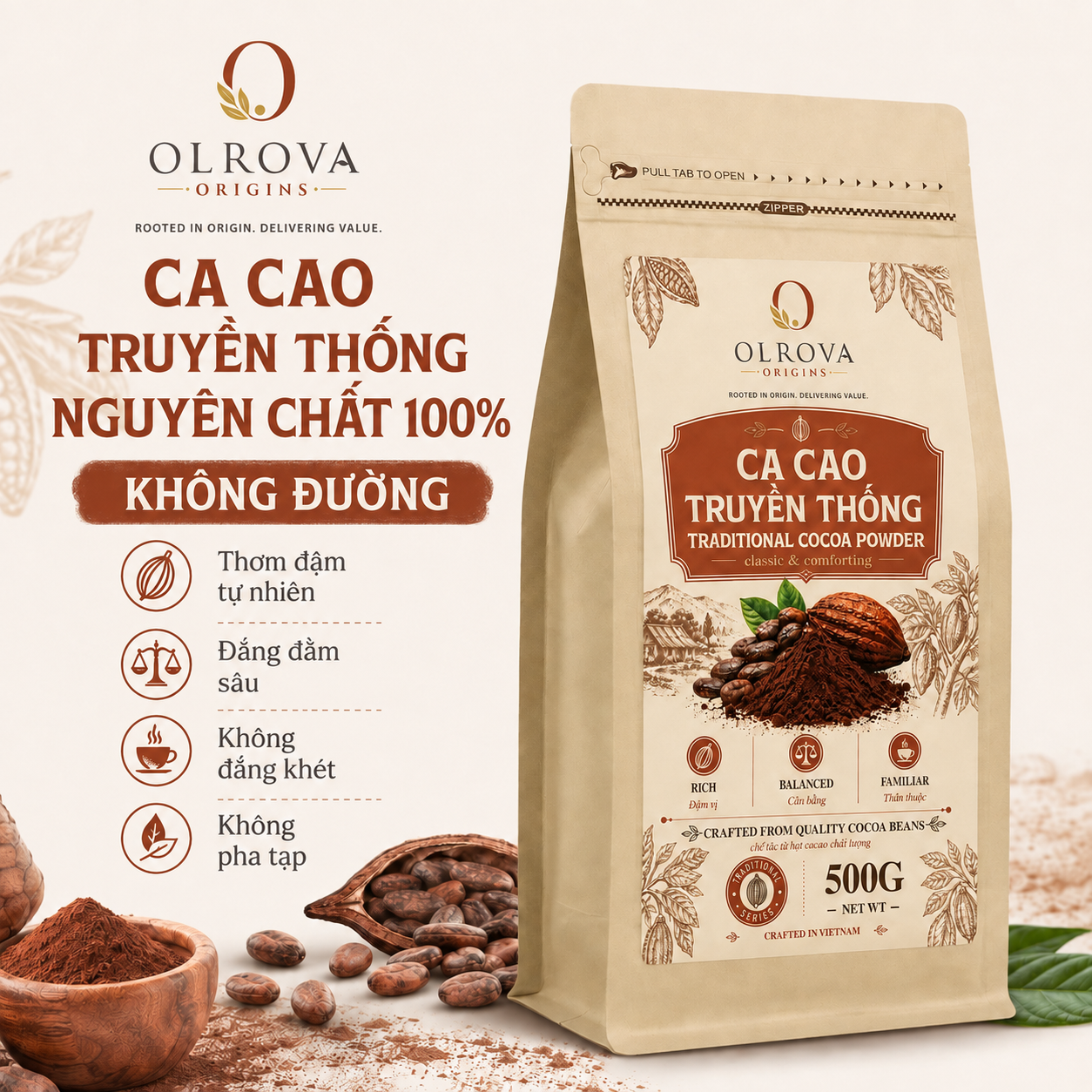 Bột cacao nguyên chất 100% không đường OLROVA Truyền Thống 12% bơ cacao