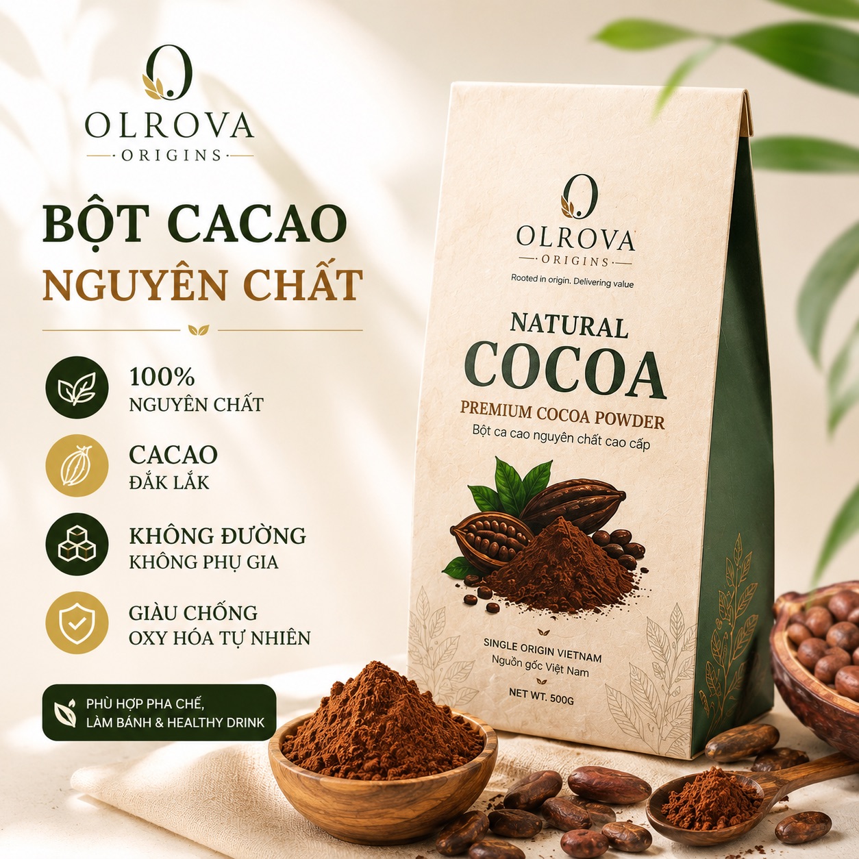 Cacao nóng pha từ Ca Cao Truyền Thống OLROVA